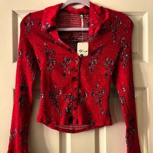 Cute red button up Free People blouse, great with jeans.